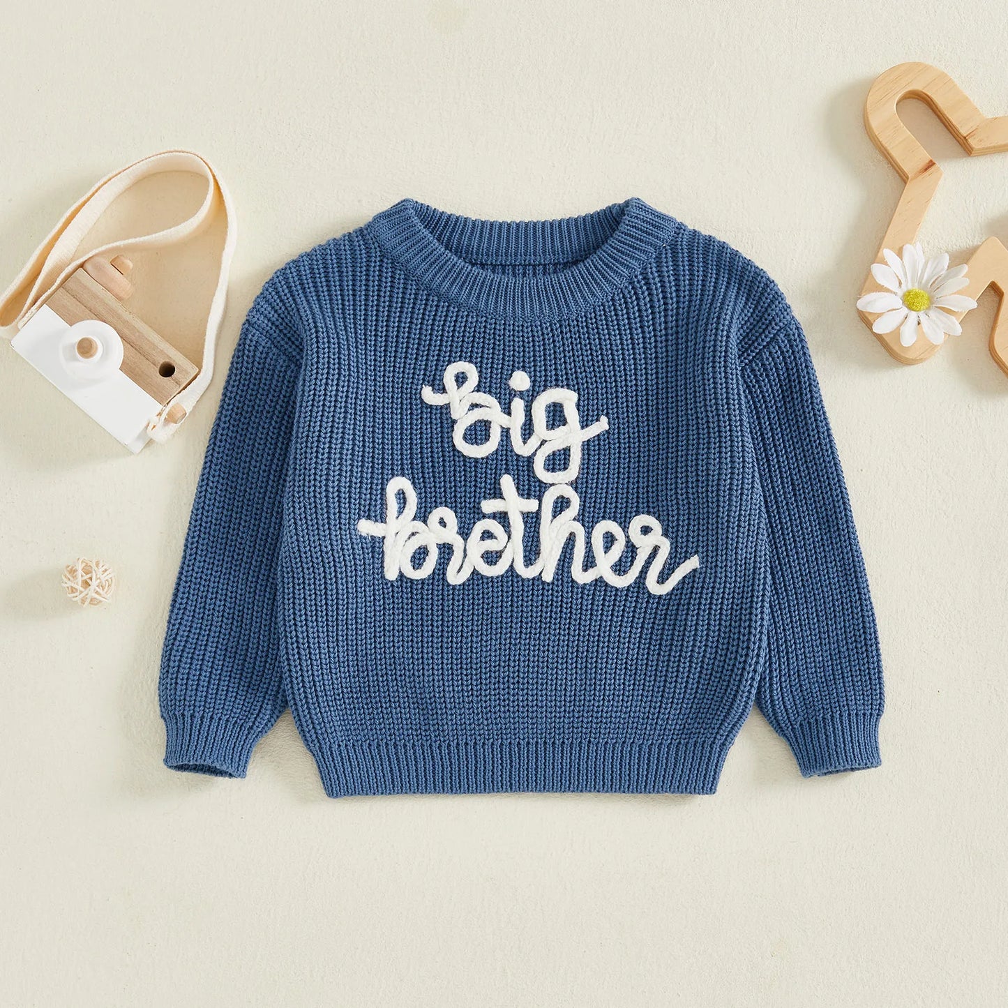 Toddler Boy Big Brother Fall Sweater Letter Embroidered Crewneck Long Sleeve Pullover Chunky Knit Tops