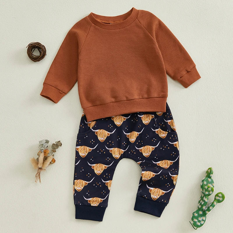 Baby Toddler Boys 2Pcs Fall Western Outfit Solid Long Sleeve Pullover Crewneck Top Cattle Cow Cowboy Horse Print Elastic Waist Pants Jogger Set