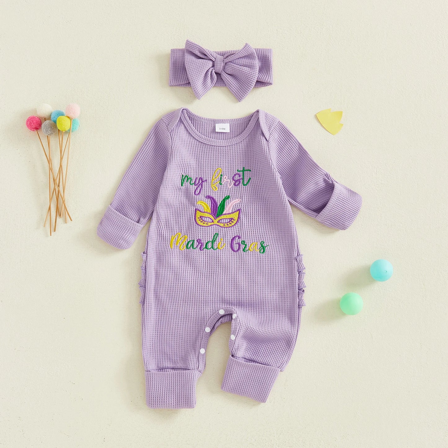 Baby Girl 2Pcs My First Mardi Gras Romper Letter Embroidery Full Length Long Sleeve Crew Neck Bodysuit Bow Headband Set