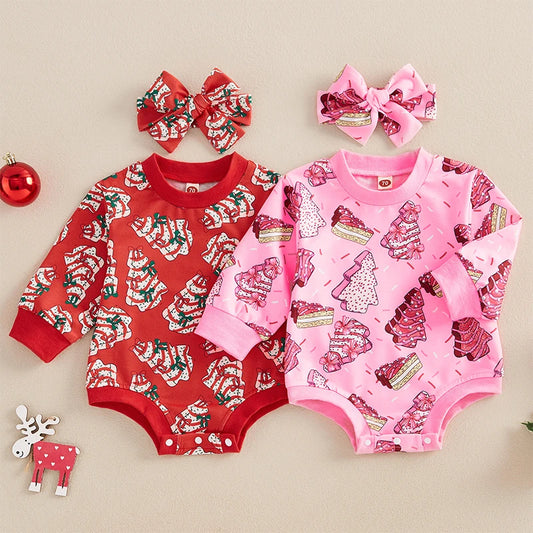 Baby Toddler Girls 2Pcs Bubble Romper Christmas Tree Cookie Cake Print Long Sleeve Jumpsuit and Headband Set Outfit