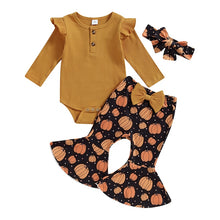 Load image into Gallery viewer, Baby Girl 3Pcs Halloween Fall Clothes Long Sleeve Bodysuit Top Pumpkin Flared Pants
