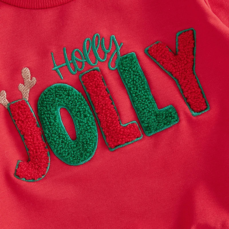 Baby Toddler Girls Boys 2Pcs Holly Jolly Christmas Outfit Letter Embroidery Long Sleeve Top with Solid Long Pants Jogger Set