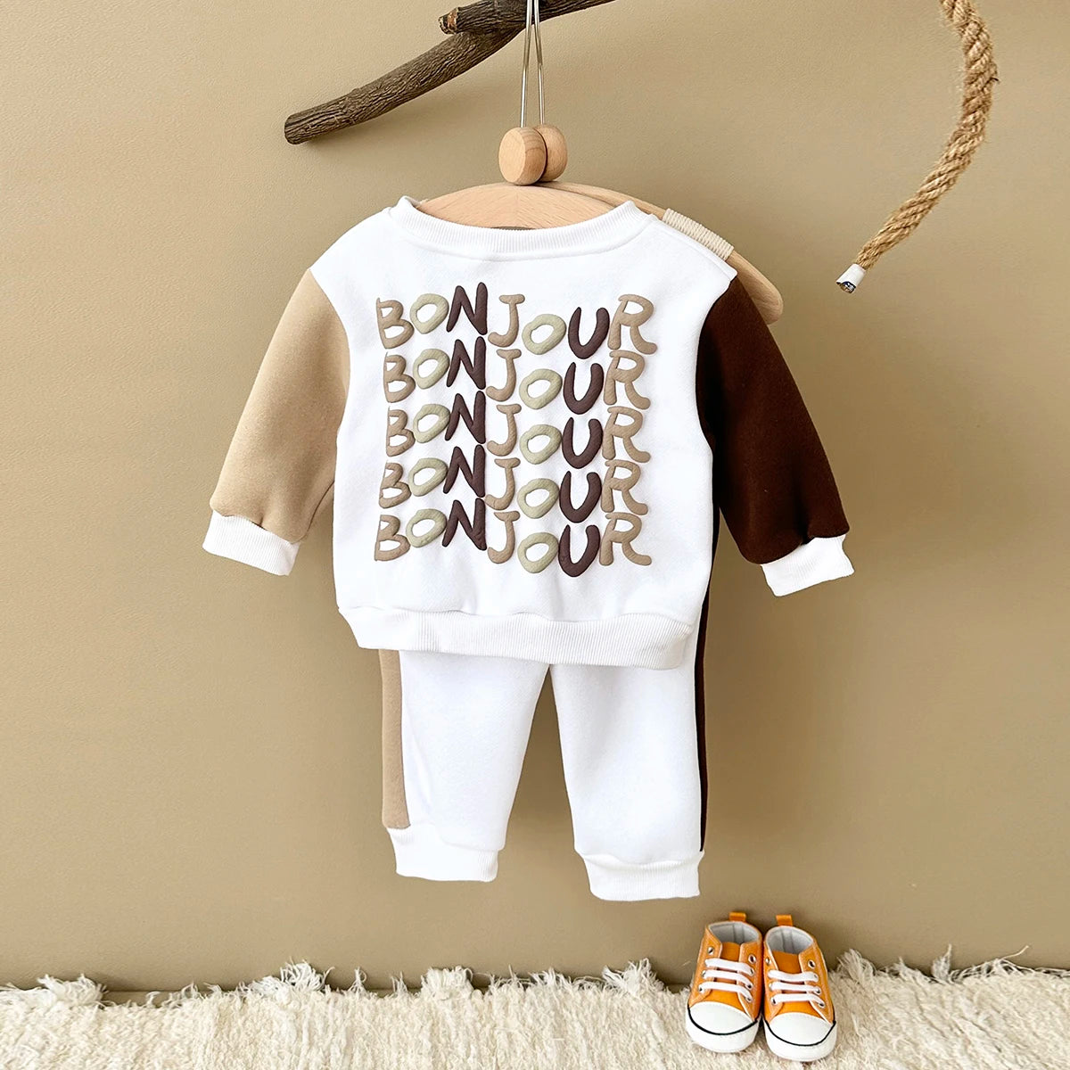 Baby Toddler Boys Girls 2Pcs Bonjour Jogger Set Outfit Letter Print Long Sleeve Top + Pants