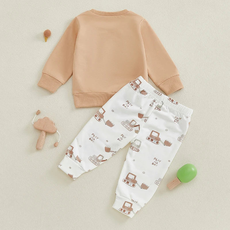 Baby Toddler Boys 2Pcs Outfit Car Tractor Embroidery Long Sleeve Pullover Crewneck Top Elastic Waist Pants Jogger Set