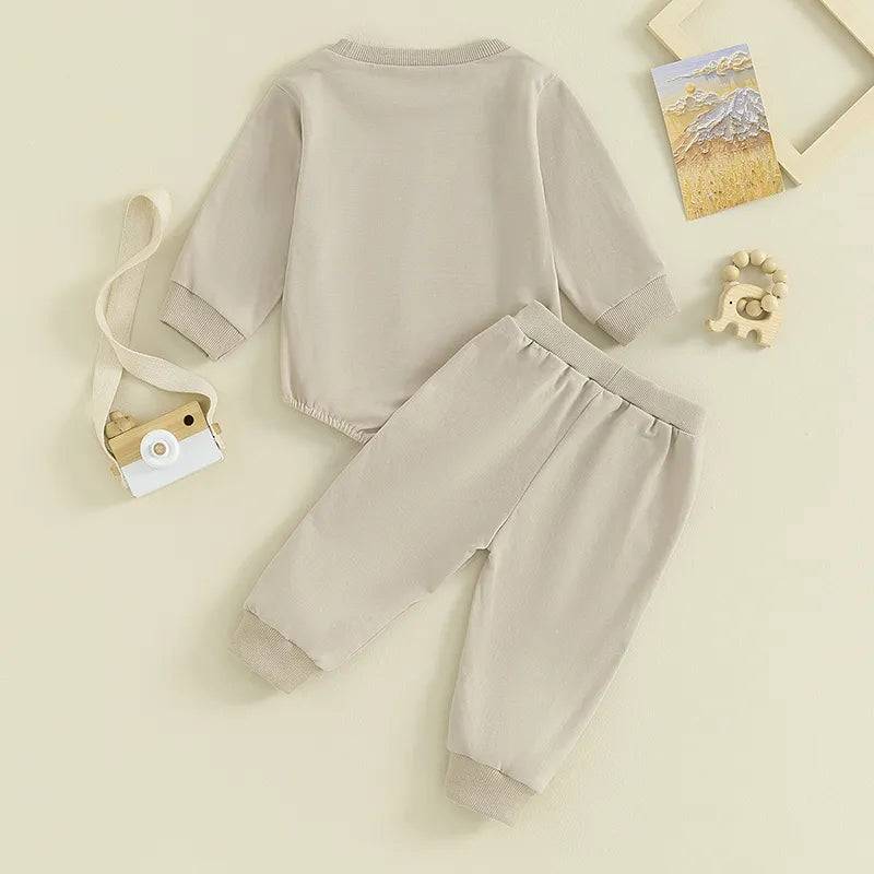 Baby Fall Outfits Girl Boy 2Pcs Solid Color Crewneck Pocket Oversized Long Sleeve Romper Pants Set