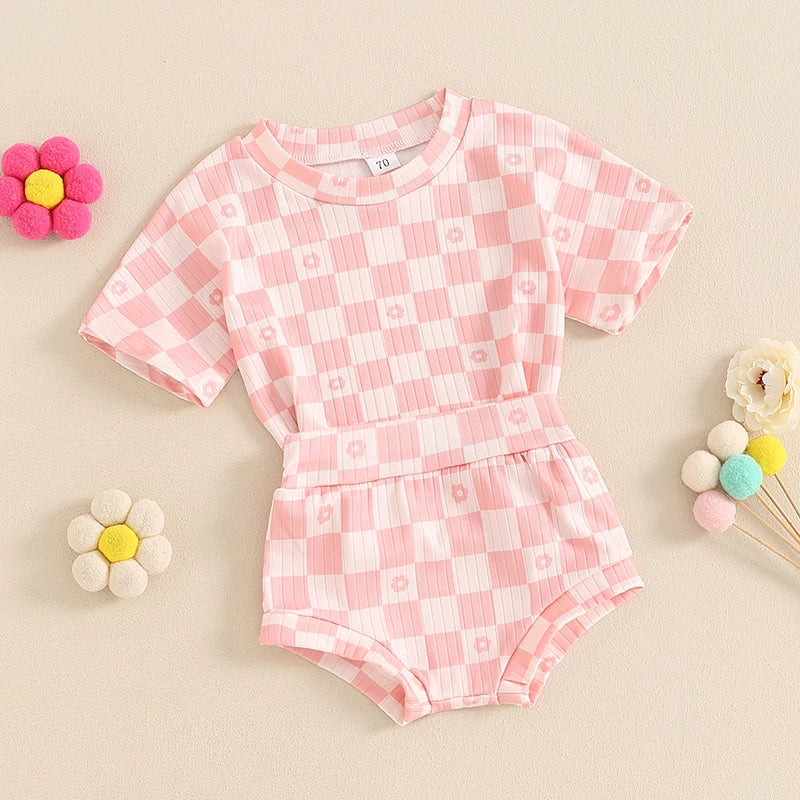 Baby Toddler Girls 2Pcs Summer Set Short Sleeve Checkerboard Flower Print Top Shorts Bloomers Outfit