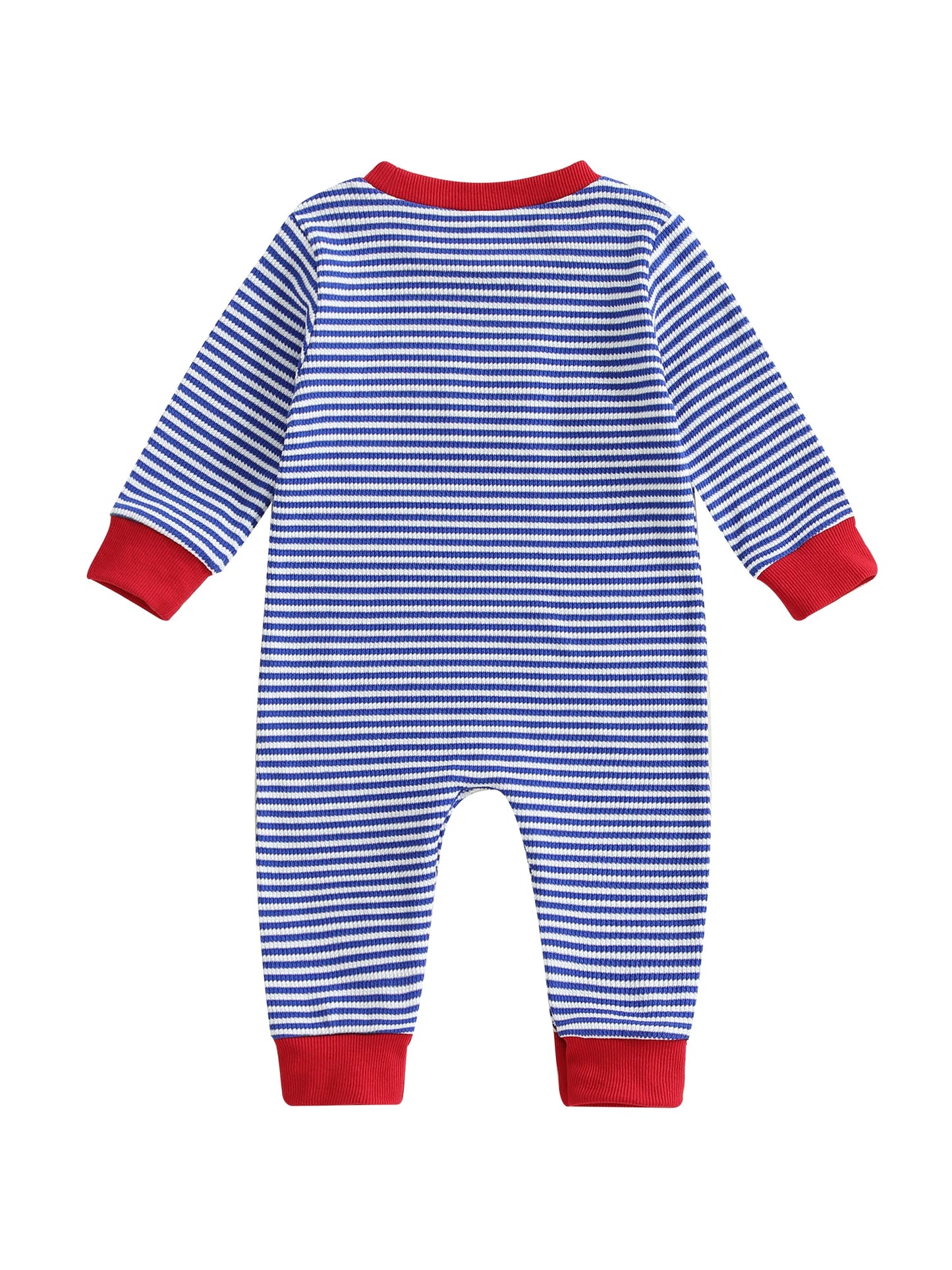 Baby Boy Fall Romper Striped Fire Truck Embroidered Crewneck Long Sleeve Full Length Jumpsuit
