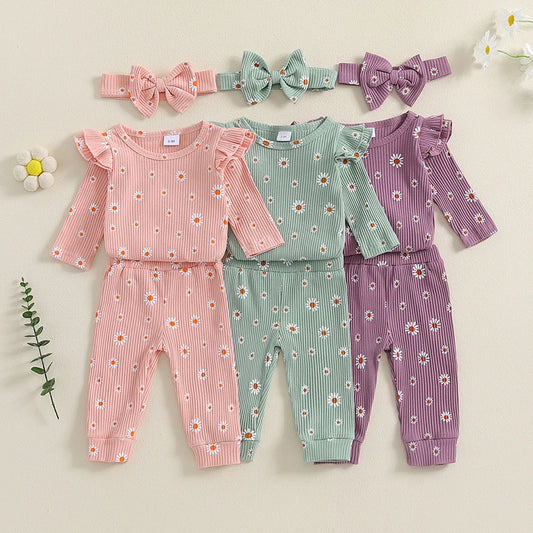 Baby Girls 3Pcs Ribbed Outfit Daisy Flower Print Long Sleeve Romper Elastic Waist Pants Headband Fall Set