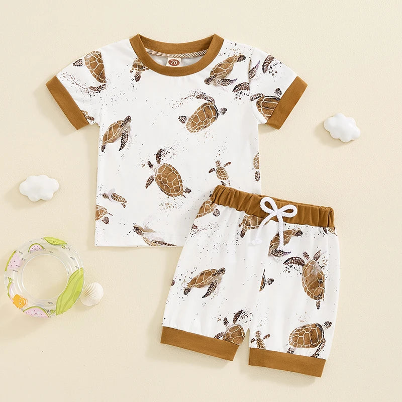 Baby Toddler Boys 2Pcs Summer Outfit Ocean Turtle Print Short Sleeve Top Elastic Waist Shorts Clothes Set