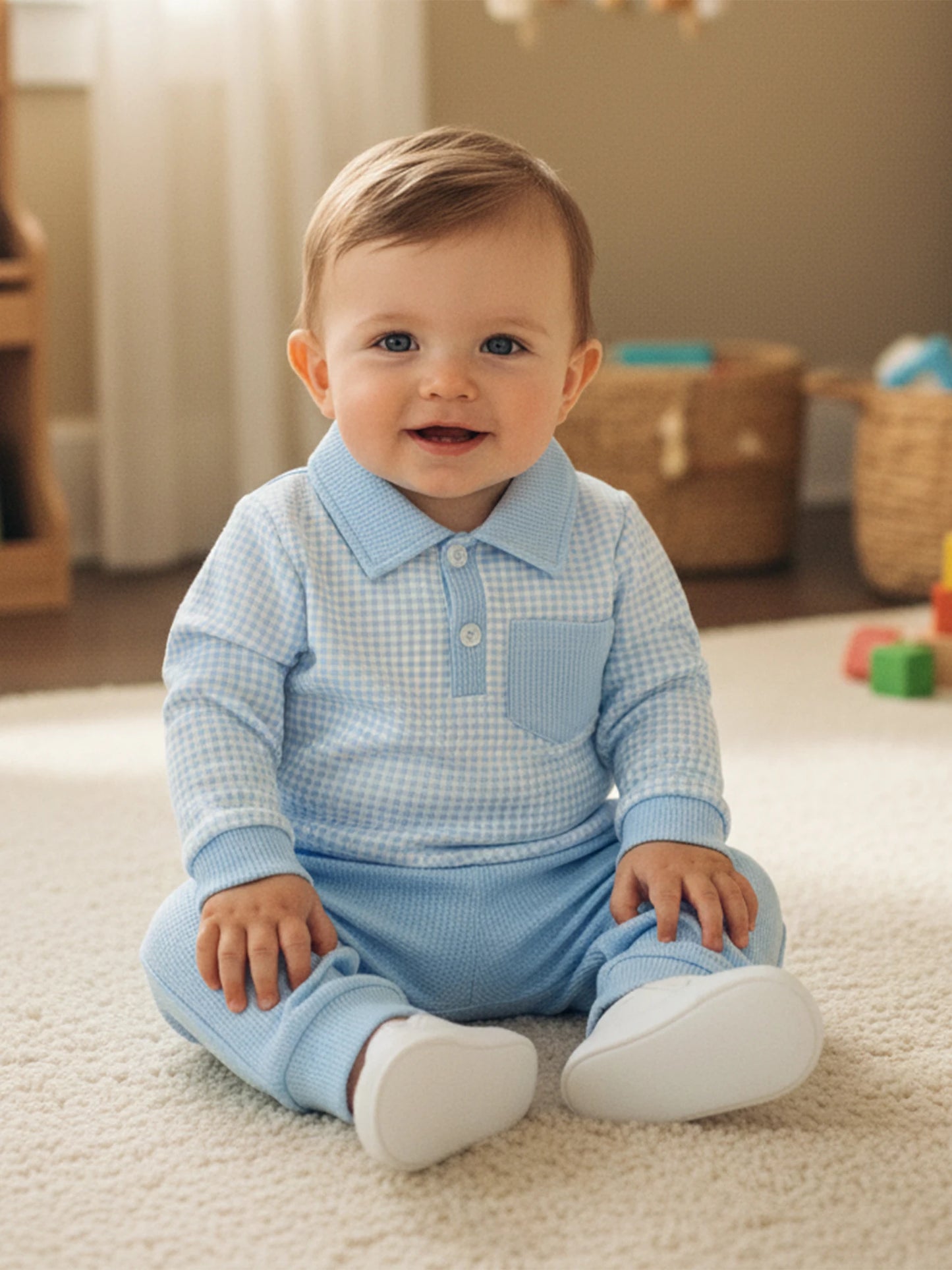 Baby Toddler Boys 2Pcs Outfit Long Sleeve Plaid Collared Top + Jogger Pants Set