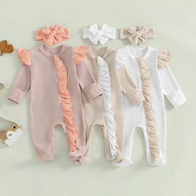 Baby Girls 2Pcs Outfit Long Sleeve Crew Neck Frills Zipper Romper Contrast Color Footies and Headband Set