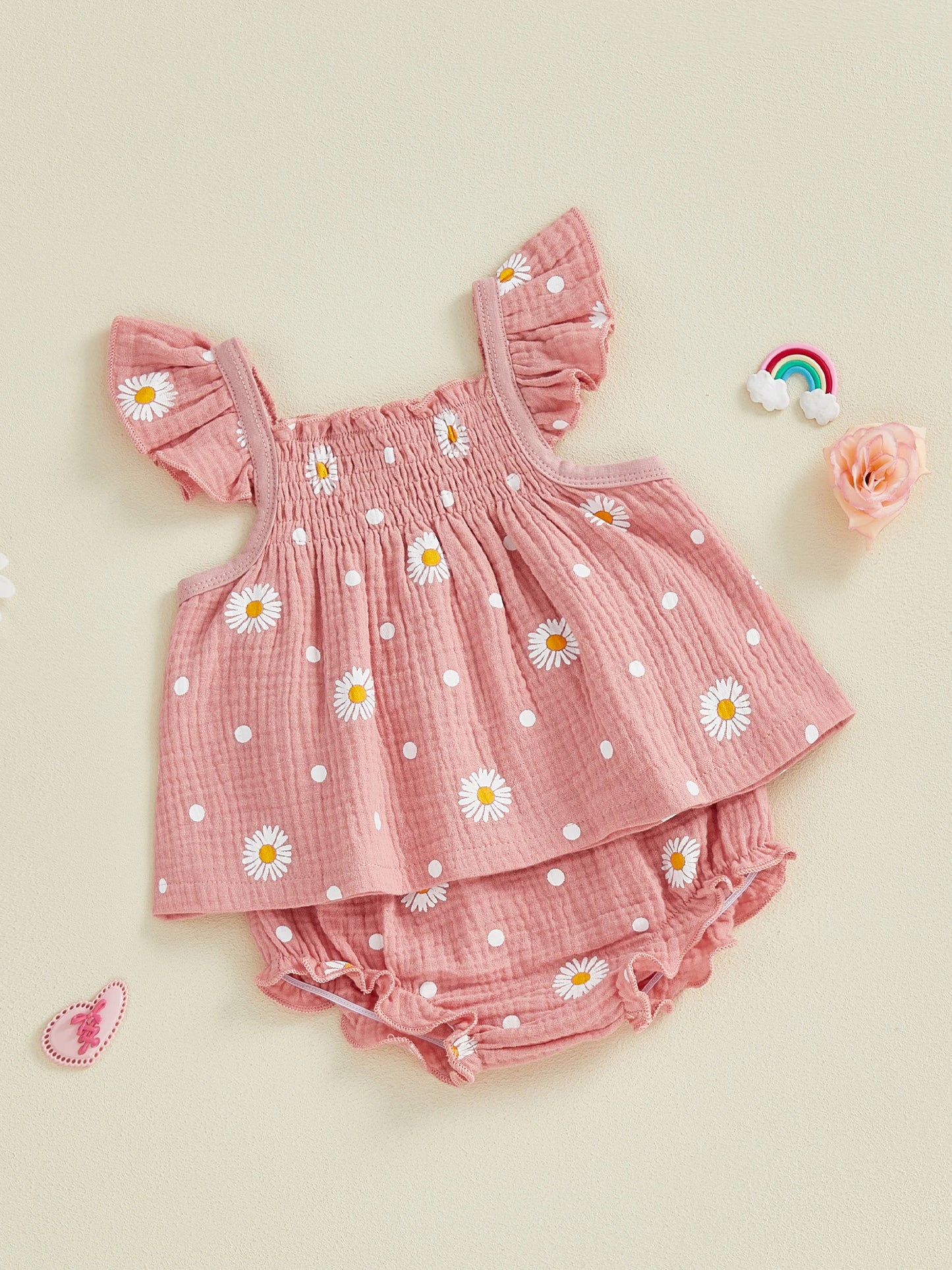 Baby Toddler Girls 2Pcs Summer Outfit Sleeveless Square Collar Daisy Print Ruffled Top and Bloomers Shorts 2 Piece Set
