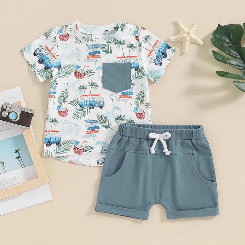 Baby Toddler Boys 2Pcs Summer Outfit Beach Style Palm Tree Coconut Van Surf Print Short Sleeve Top Elastic Waist Shorts Set