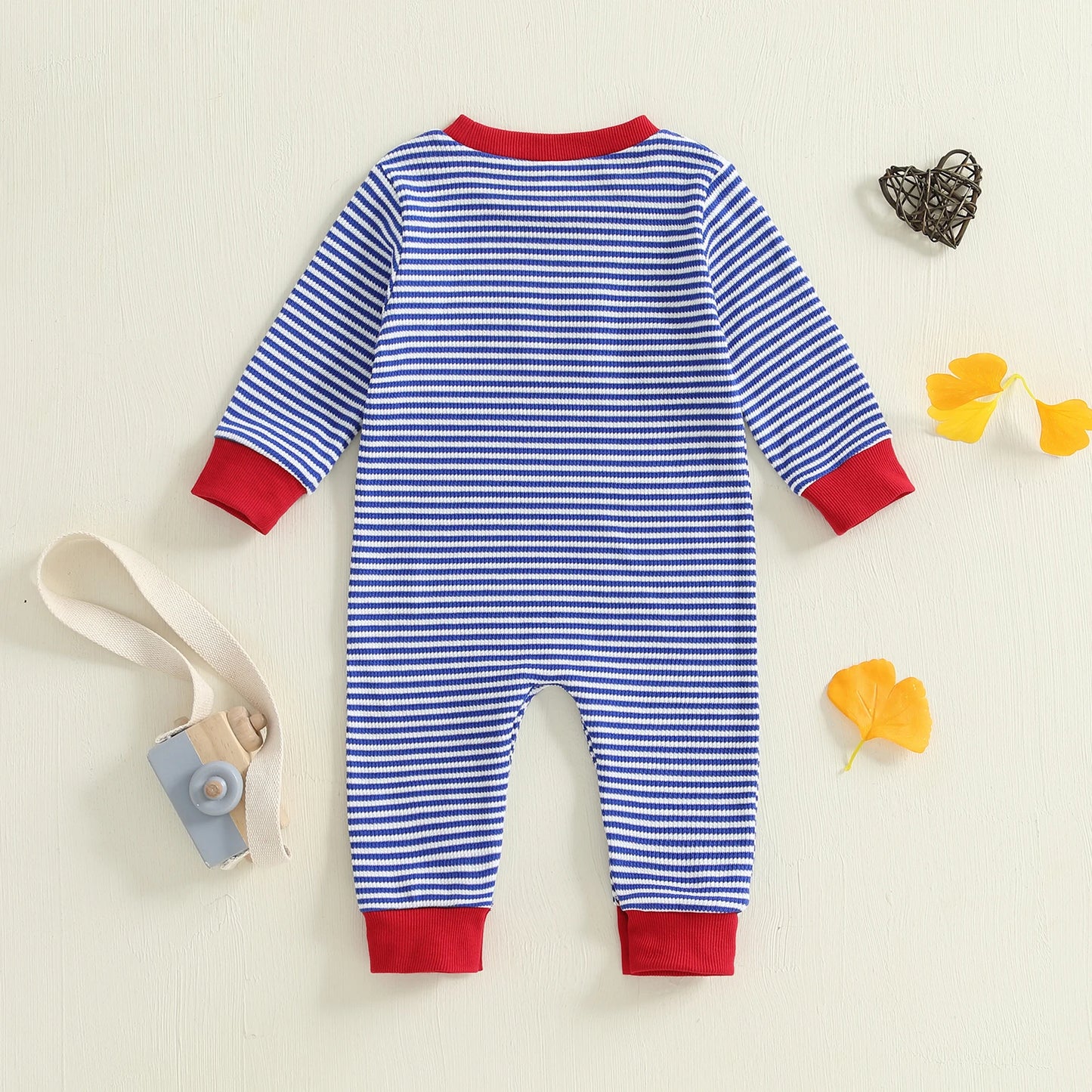 Baby Boy Fall Romper Striped Fire Truck Embroidered Crewneck Long Sleeve Full Length Jumpsuit