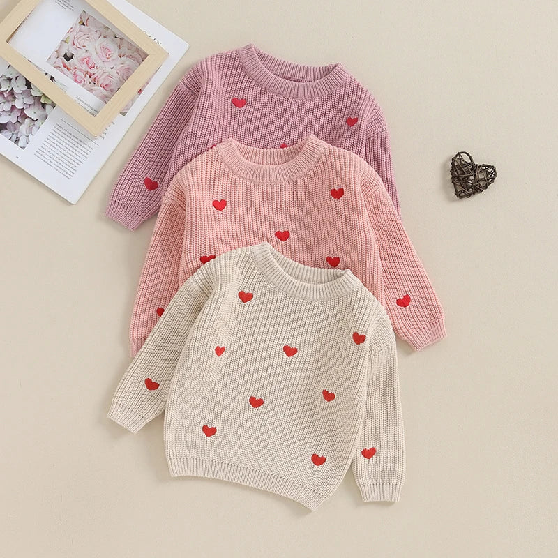 Baby Girl Knit Sweater Heart Embroidery Pullover Valentine's Day Clothes Top