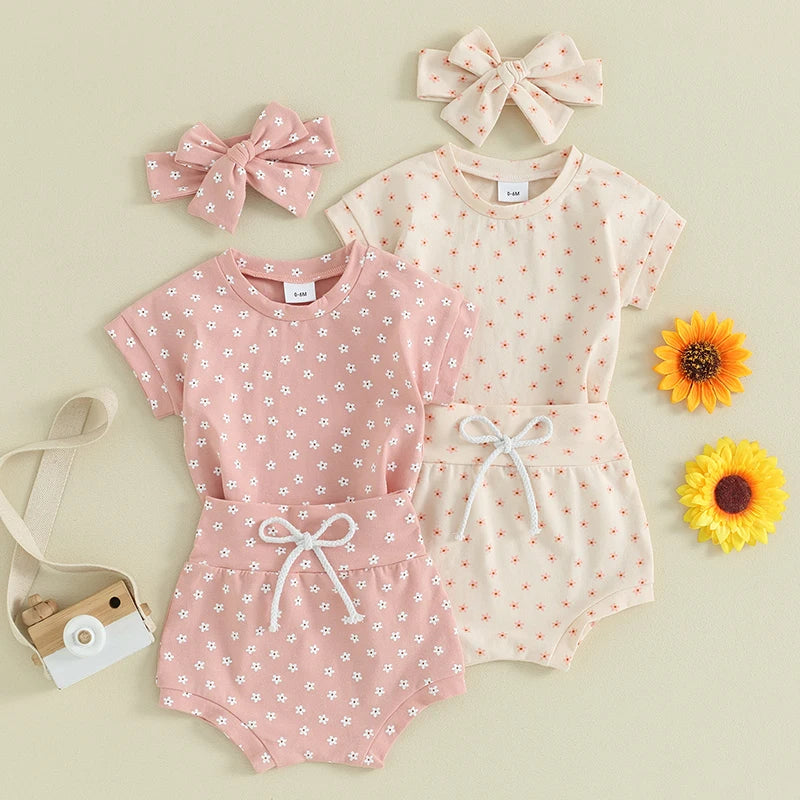 Baby Toddler Girl 3Pcs Clothing Sets Cotton Floral Flowers Print Short Sleeve Pullover Top + High Waist Shorts + Headband