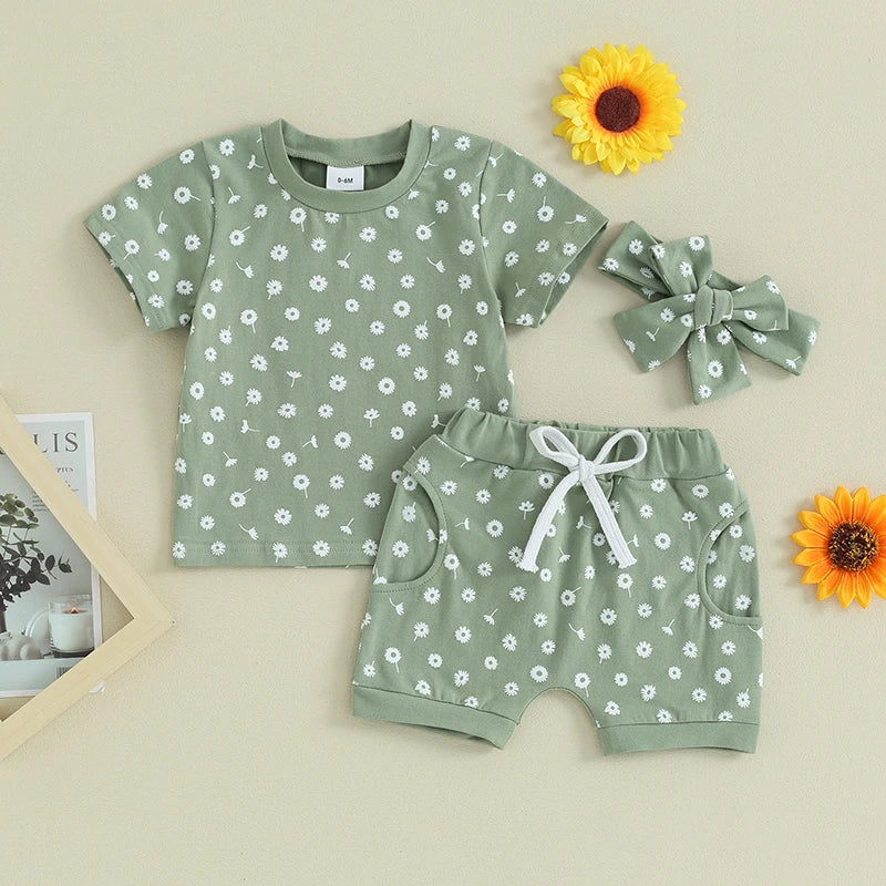 Toddler Baby Girls 3Pcs Clothes Set Floral Print Short Sleeve Top with Shorts and Headband Summer Outfit