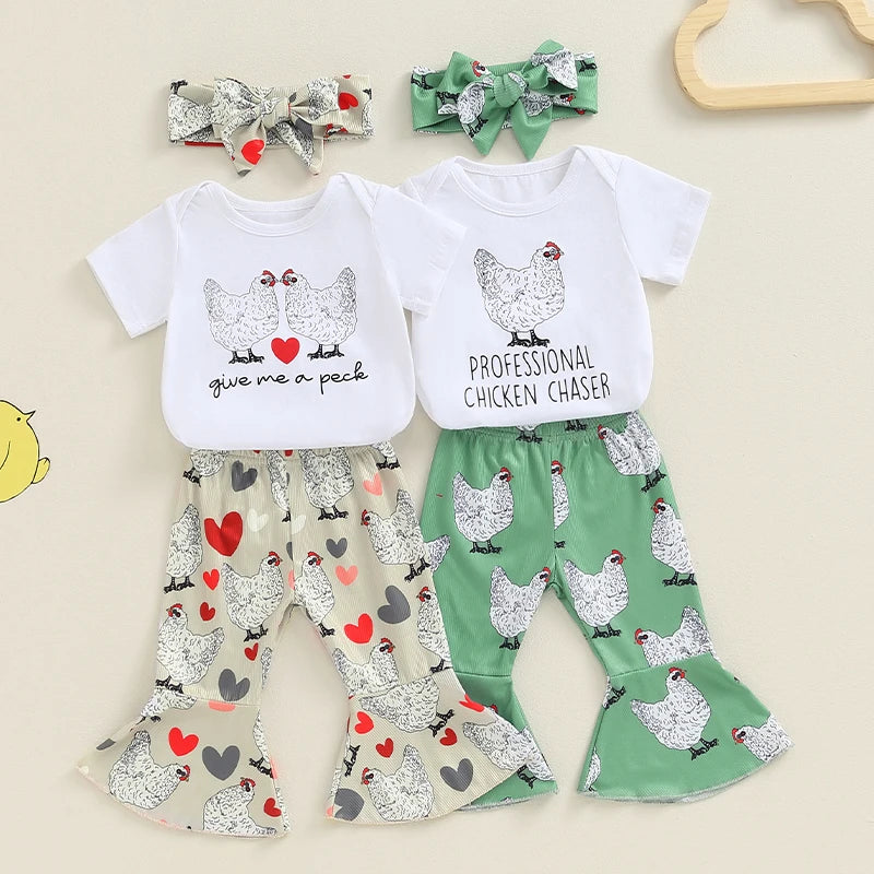 Baby Girls 3Pcs Give Me A Peck / Professional Chicken Chaser Short Sleeve Romper Chicken Print Flared Pants Headband Set Outfit