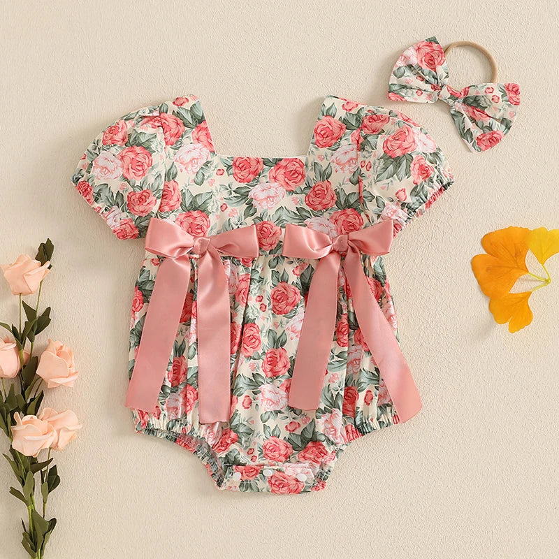 Baby Girls 2Pcs Romper Floral Print Short Sleeve Bodysuit Jumpsuit with Bow Headband Set