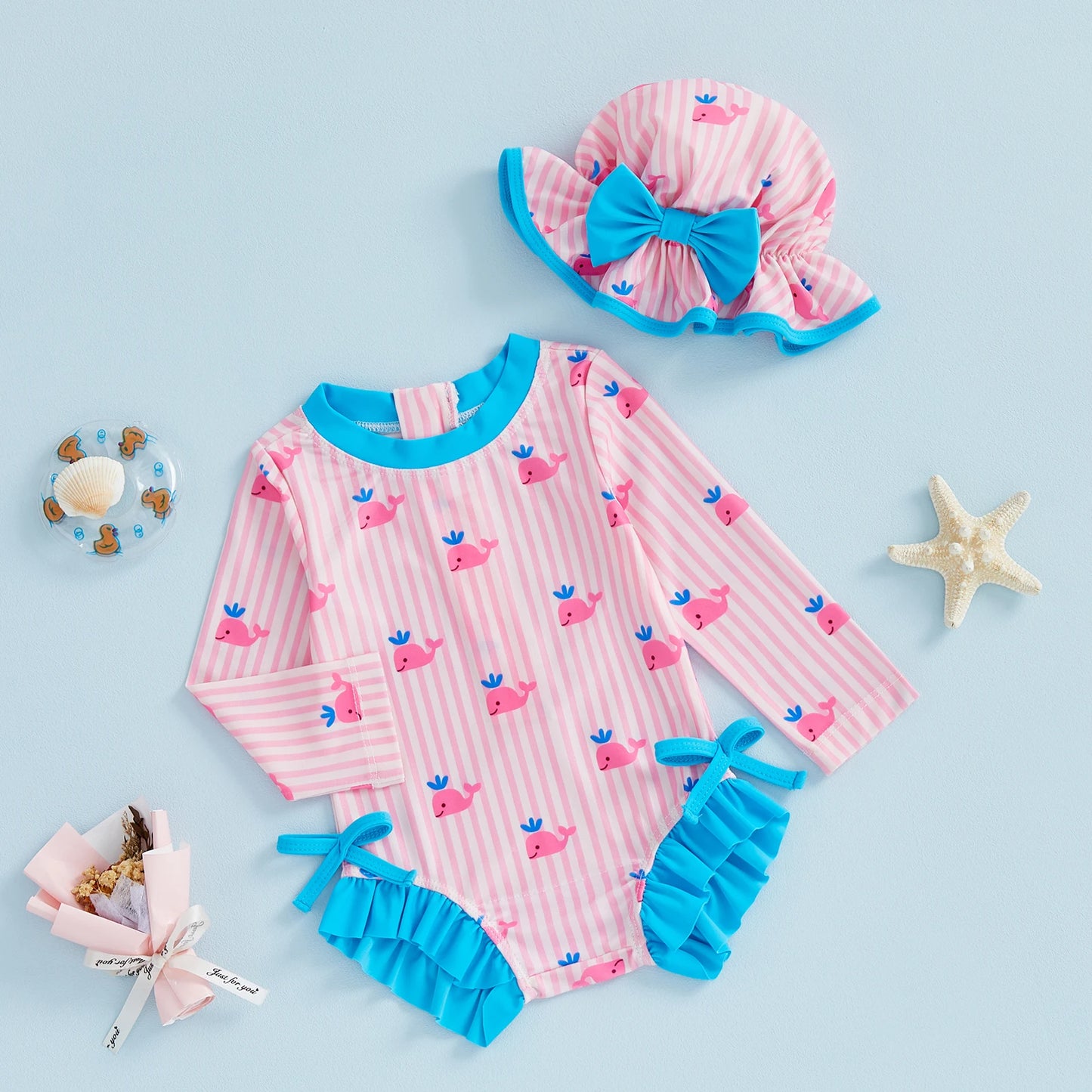 Baby Toddler Girls 2Pcs Swimwear and Hat Set Stripe Whale Print Long Sleeve Round Neck Romper Swimsuit Outfit