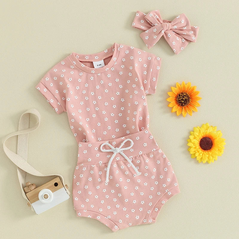 Baby Toddler Girl 3Pcs Clothing Sets Cotton Floral Flowers Print Short Sleeve Pullover Top + High Waist Shorts + Headband