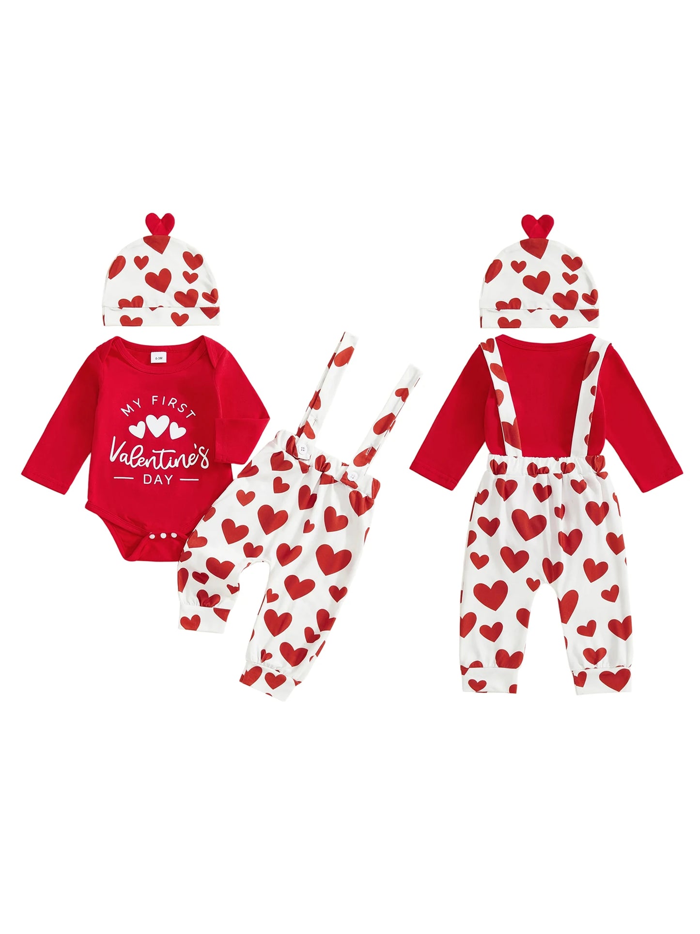 Baby Boys Girls 3Pcs My First Valentine's Day Outfit Heart Long Sleeve Romper Suspender Pants and Hat 3 Piece Set
