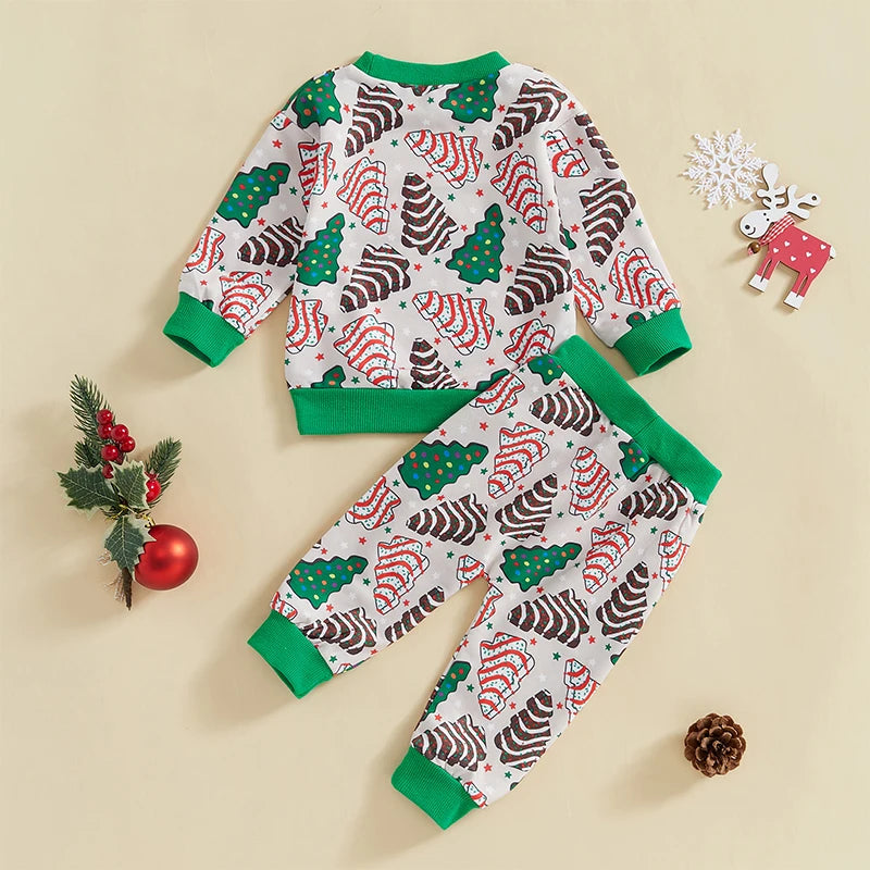 Baby Toddler Boys Girls 2Pcs Outfit Christmas Tree Print Long Sleeve Crewneck Top and Elastic Pants Jogger Set