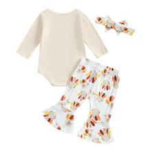 Load image into Gallery viewer, Baby Girls 3Pcs Little Turkey Thanksgiving Outfit Letter Print Long Sleeve Romper Turkey Print Flare Pants Tie Headband Set
