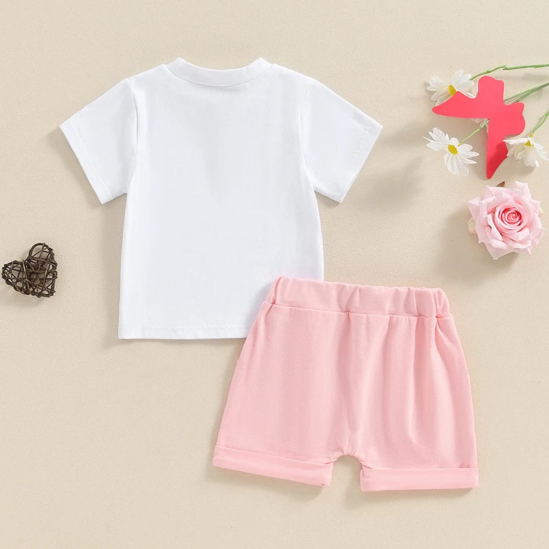 Baby Toddler Girls 2Pcs Mama's / Daddy's Girl Summer Outfit Letter Floral Flowers Checker Print Short Sleeve Top with Solid Color Elastic Waist Shorts Set