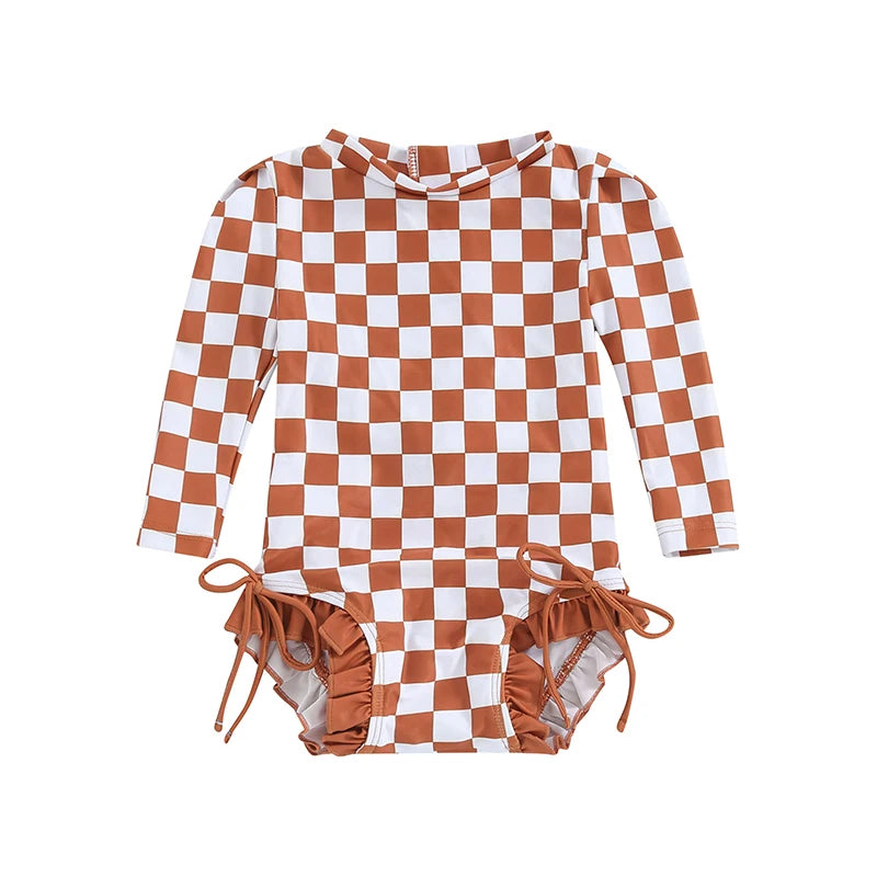 Baby Toddler Girls Beach Swimwear Long Sleeve Checkerboard Plaid Print Ruffle Romper Bathing Suit