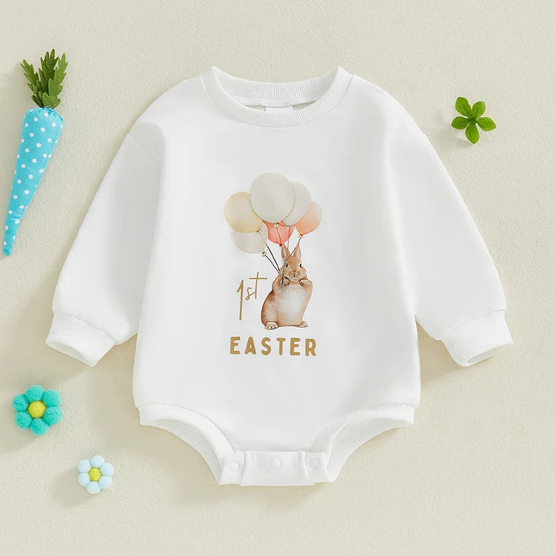 Baby Boys Girls My First 1st Easter Bubble Romper Bunny Rabbit Letter Pattern Long Sleeve Crew Neck Jumpsuit