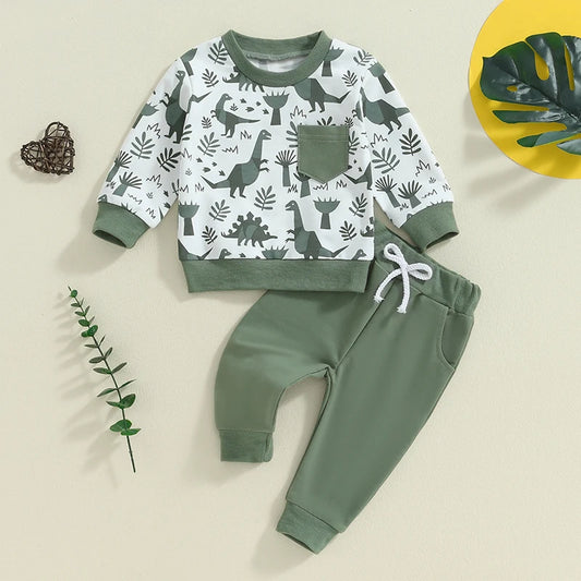 Baby Toddler Boys 2Pcs Outfit Long Sleeve Dinosaur Print Top with Elastic Waist Pants Fall Outfit Set