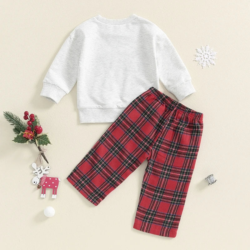 Baby Toddler Boys Girls 2Pcs Christmas Outfit Long Sleeve O Neck Letter Merry Embroidery Top Plaid Pants Set