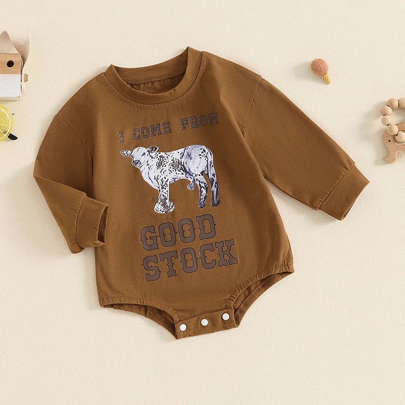 Baby Boys Girls I Come From Good Stock Romper Letter Cow Print Long Sleeve Round Bubble Bodysuit