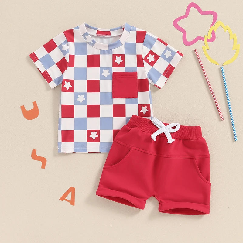 Baby Toddler Boys 2Pcs 4th of July USA Outfit Short Sleeve Letter Flag/Star Checkerboard Print Top Drawstring Shorts Set