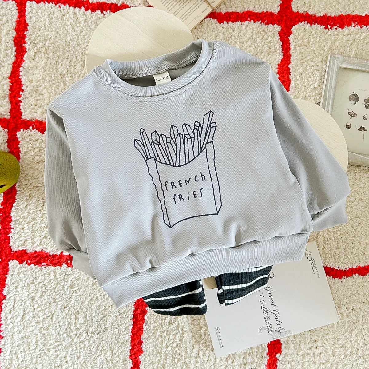 Baby Toddler Boys 2Pcs Outfit French Fries Print Crewneck Top + Striped Pants Set