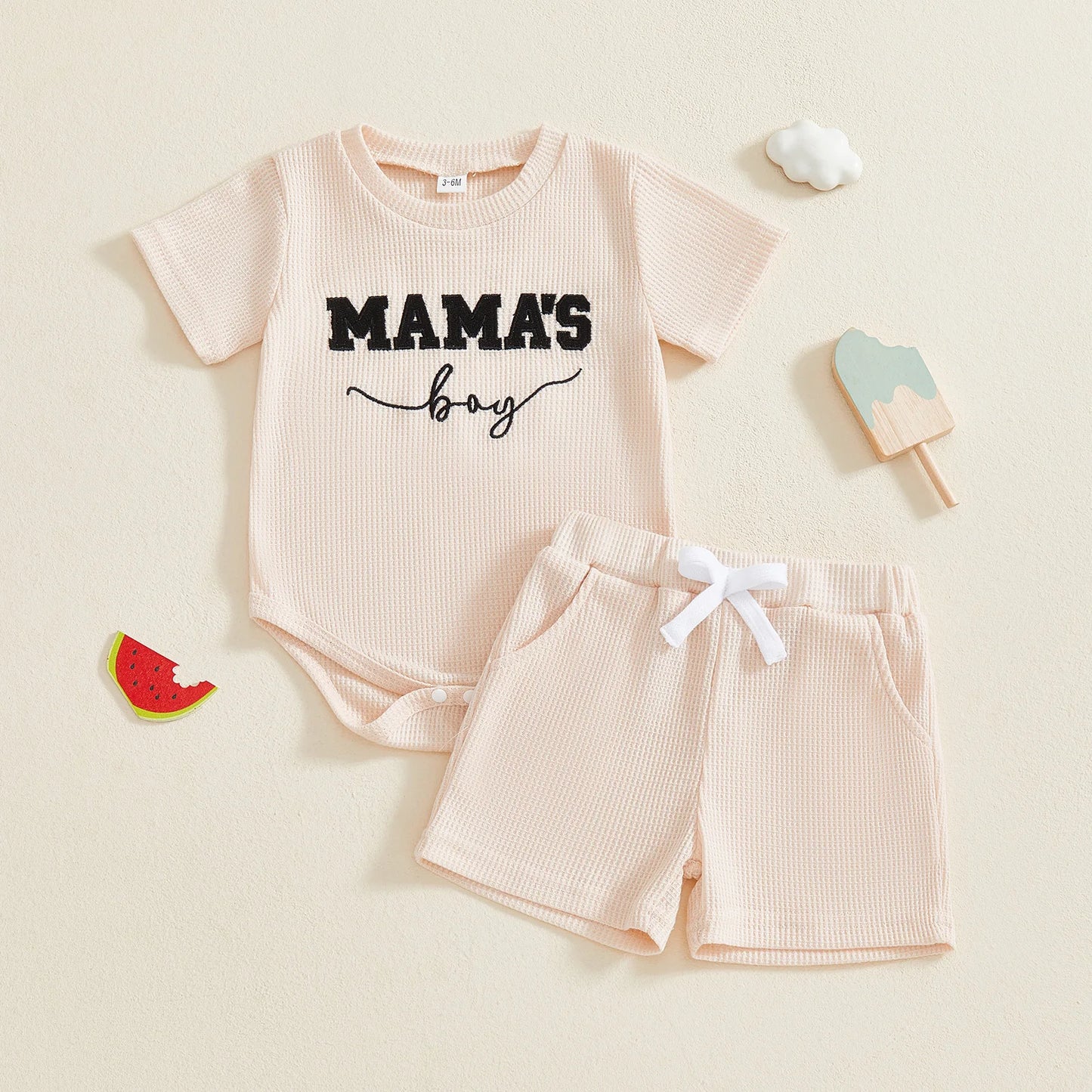 Baby Boys 2Pcs Mama's Boy Shorts Set Letter Embroidered Short Sleeve Romper and Shorts 2 Piece Waffle Knit Summer Outfit
