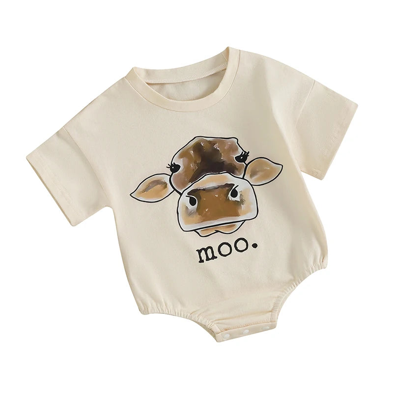 Baby Boys Girls moo Romper Short Sleeve Crew Neck Cow Head Print Bodysuit