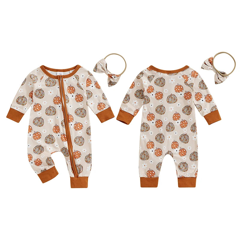 Baby Girls 2Pcs Halloween Bodysuit Pumpkin Daisy Print Zipper Long Sleeve Fall Romper Headband Outfit Set