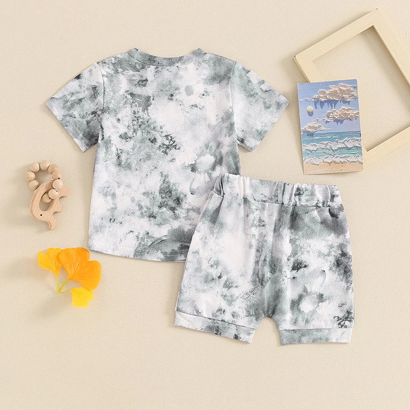 Toddler Baby Boys Girls 2Pcs Clothes Set Tie-dye Print Short Sleeve Top with Elastic Waist Shorts Summer Outfit