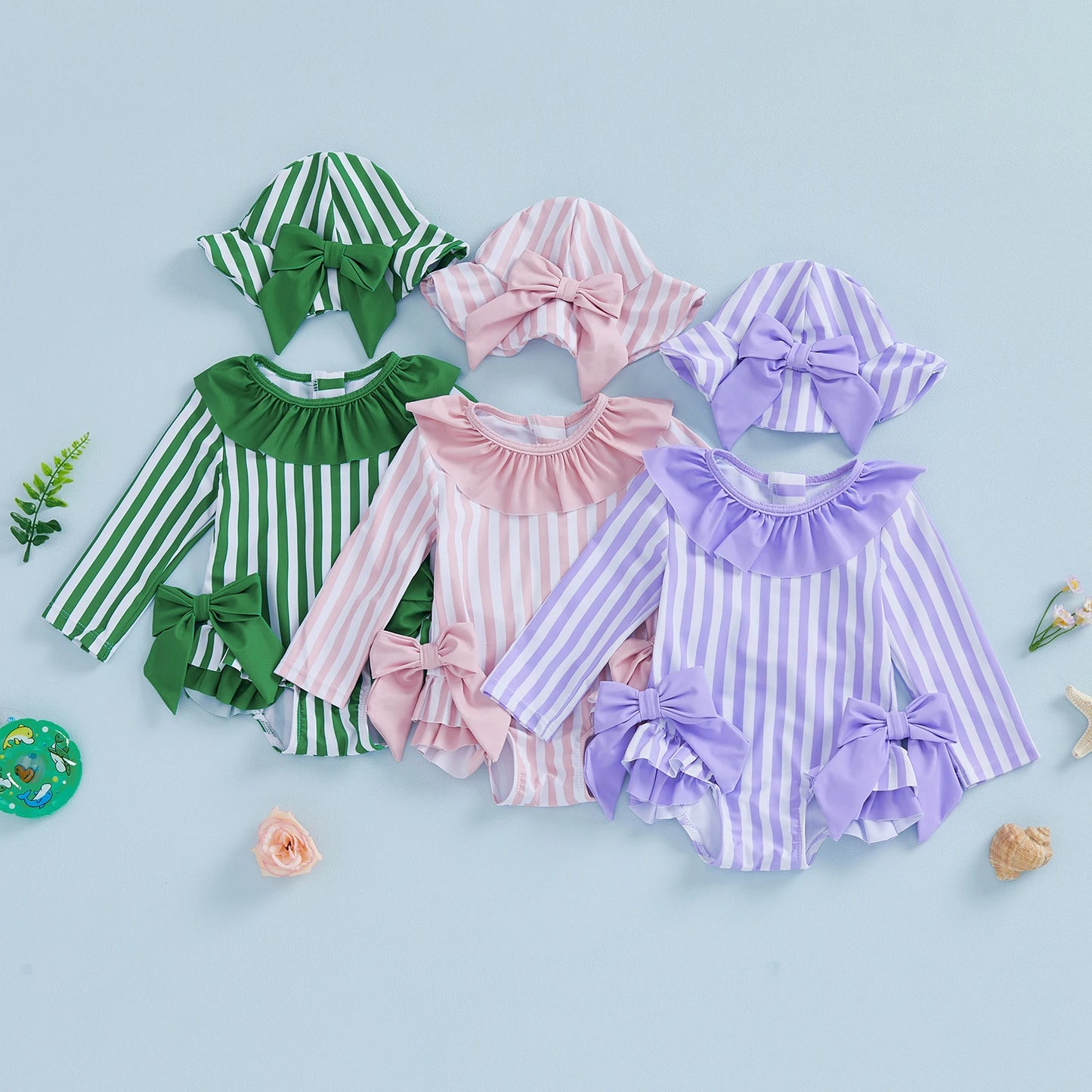 Baby Toddler Girls 3Pcs Swimsuit Ruffles Collar Long Sleeve Striped Print Bow Swimwear with Hat Set