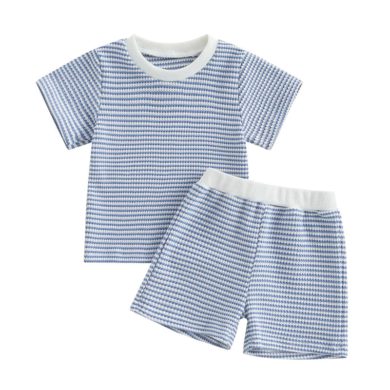 Baby Toddler Girl Boys 2Pcs Summer Outfit Waffle Striped Short Sleeve T-shirt Top Elastic Waist Shorts Set