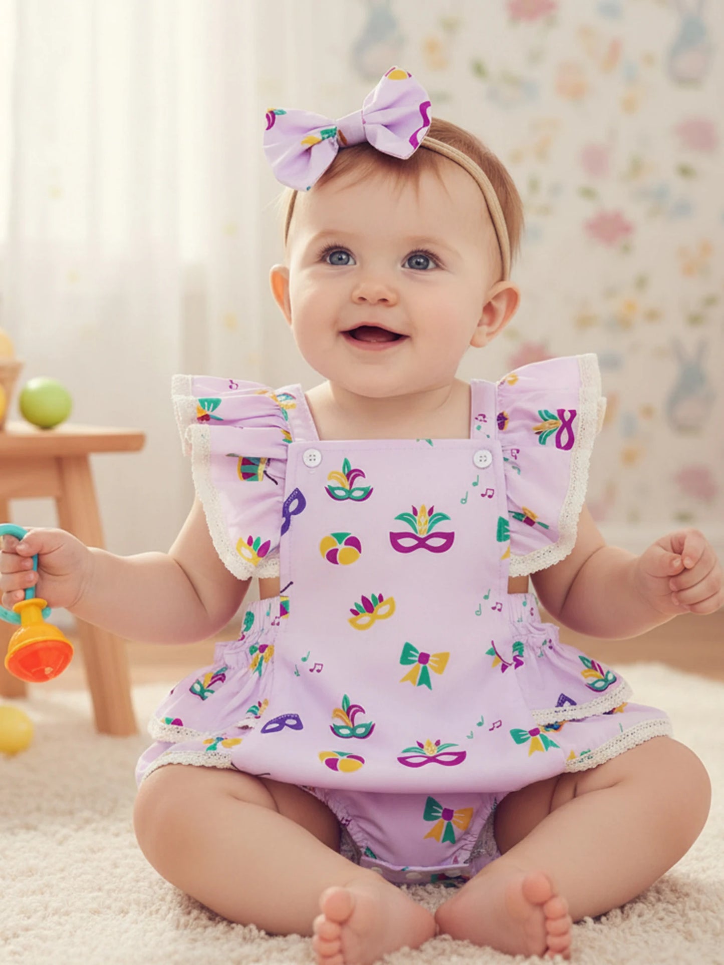 Baby Girl 2Pcs MardiGras Outfit Ruffled Trim Flying Sleeve Romper and Bow Headband Set