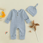 Baby Boys 2Pcs Fall Clothes Romper Stripe Print Long Sleeve Round Neck Full Length Jumpsuit with Hat Set