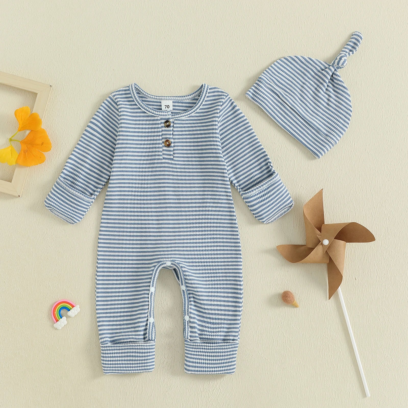 Baby Boys 2Pcs Fall Clothes Romper Stripe Print Long Sleeve Round Neck Full Length Jumpsuit with Hat Set