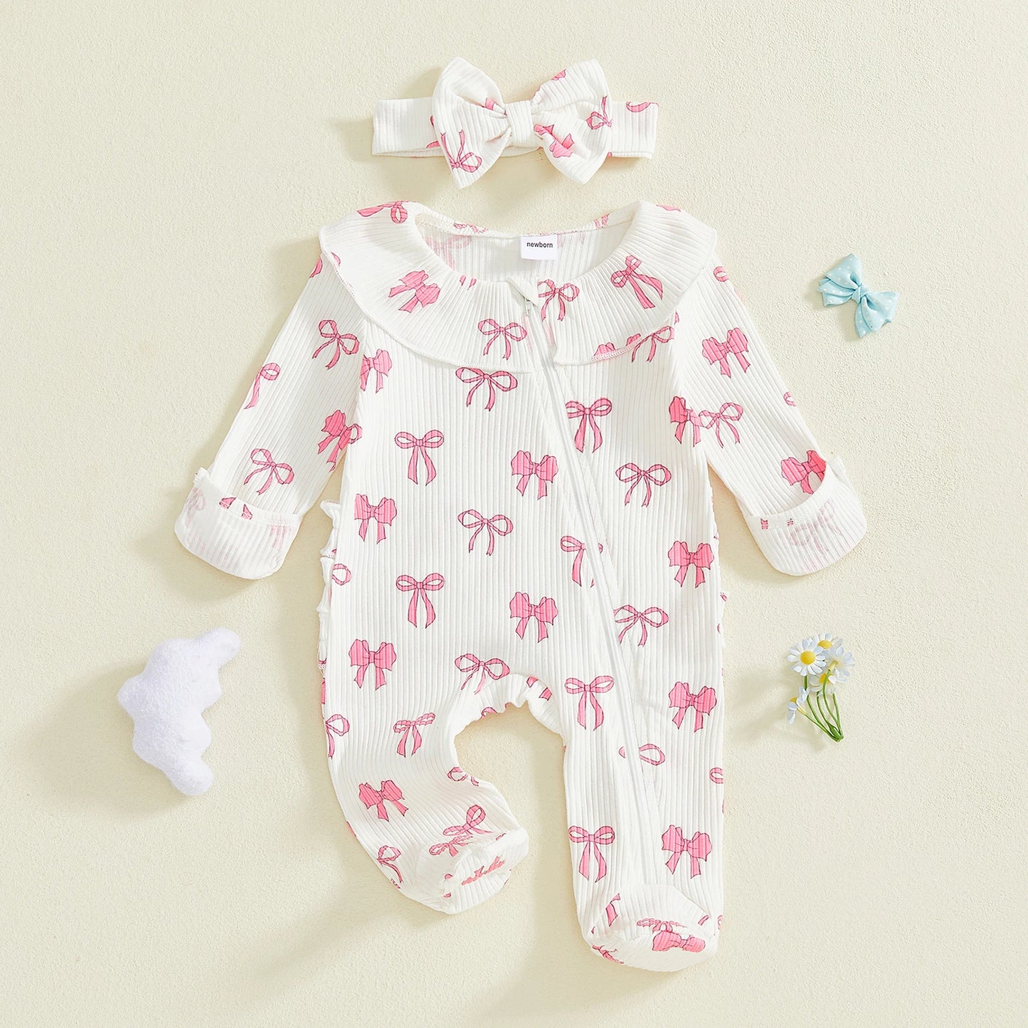 Baby Girls 2Pcs Set Long Sleeve Round Neck Bow Print Romper with Matching Bow Headband for a Stylish Look