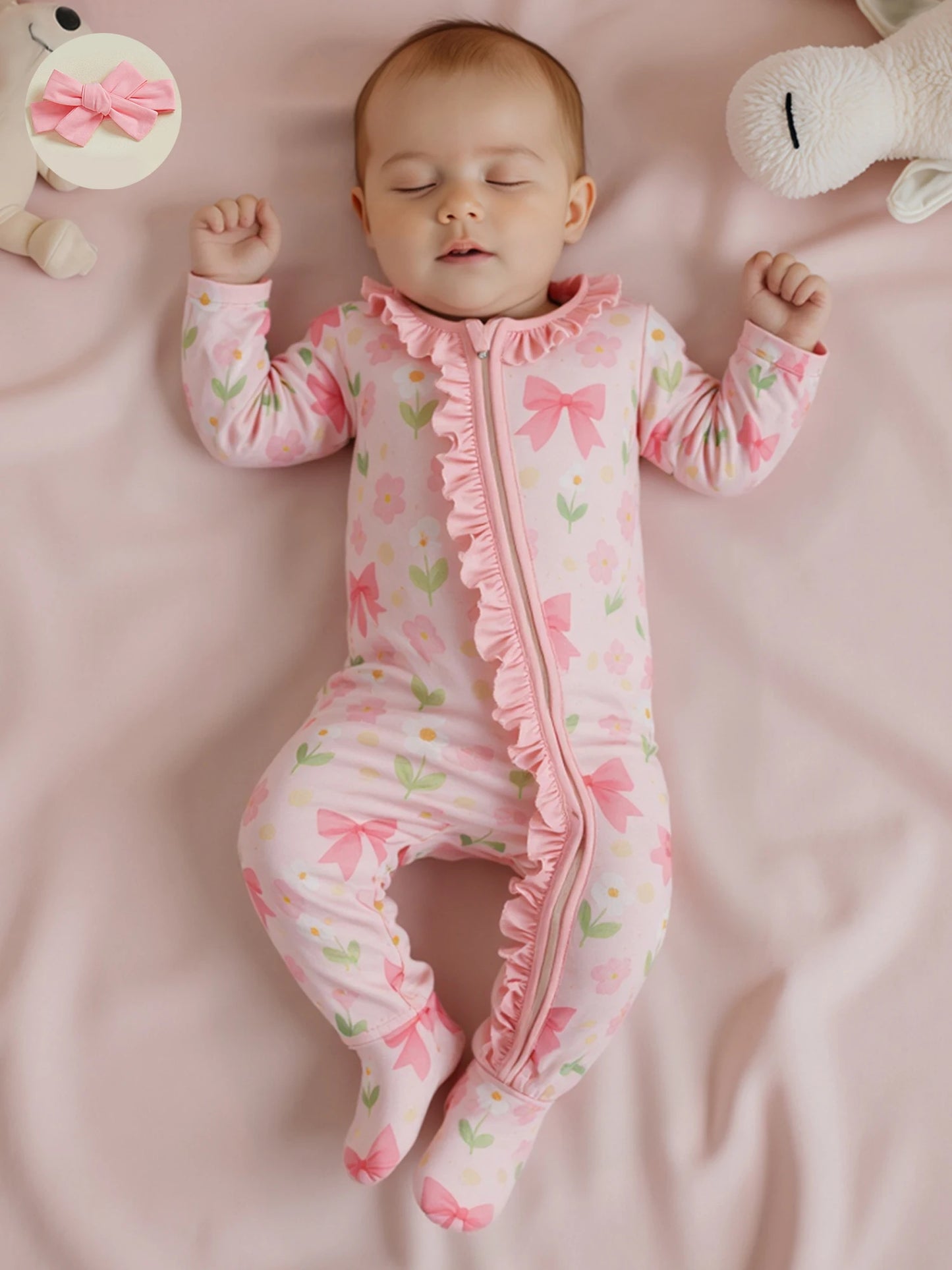 Baby Girl 2Pcs Footed Zipper Romper Floral Print Long Sleeve Zip Up Round Neck Ruffled Jumpsuit with Headband Set