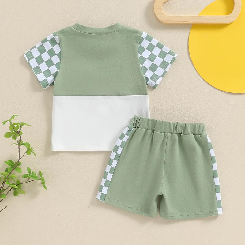 Baby Toddler Boys 2Pcs Summer Short Sleeve Checkerboard Print Top Drawstring Shorts Set Outfit