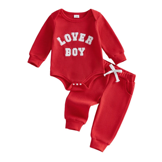Baby Boys 2Pcs Lover Boy Valentine's Day Outfit Long Sleeve Crew Neck Letter Embroidery Romper Drawstring Jogger Pants Set