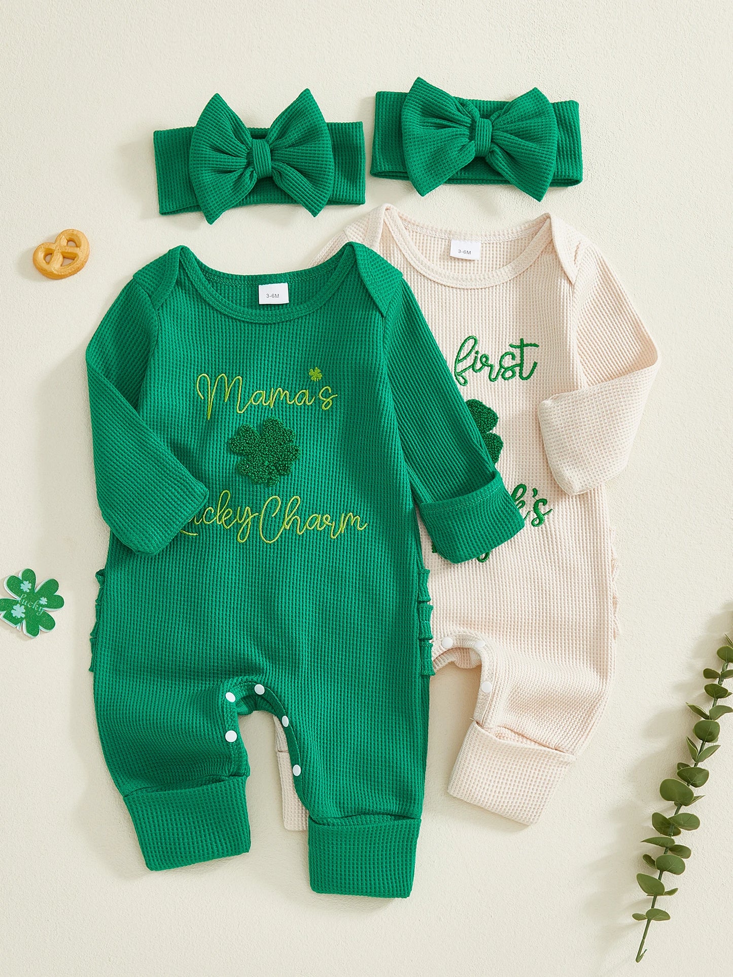 Baby Girl 2Pcs My First St. Patrick's Day Spring Romper Long Sleeve O Neck Letter Clover Embroidery Jumpsuit with Headband Set